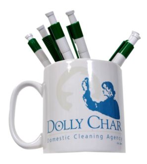 Historic Dolly Char mug showing the previous domestic cleaning agency logo